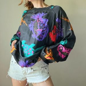 Vintage 100% Silk Black Fish Printed Pullover Crewneck Long Sleeve Flowy Top